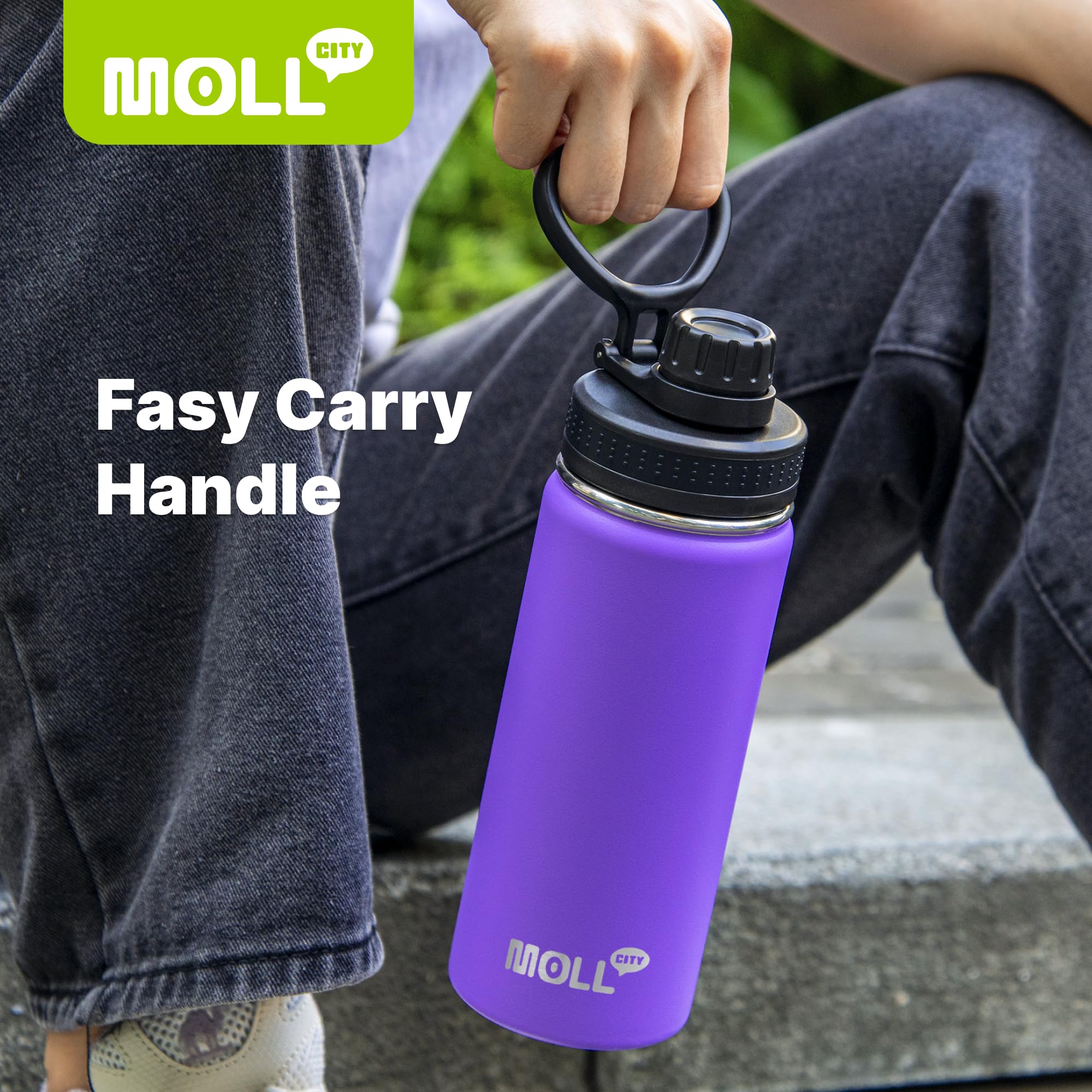 Mollcity 16 oz Water Bottle for School Kids Stainless Steel Double Wall Vacuum Insulated Sports Water Bottle Leak Proof-Reusable Metal Flask with Silicone Boot for Travel, BPA-Free(Purple)
