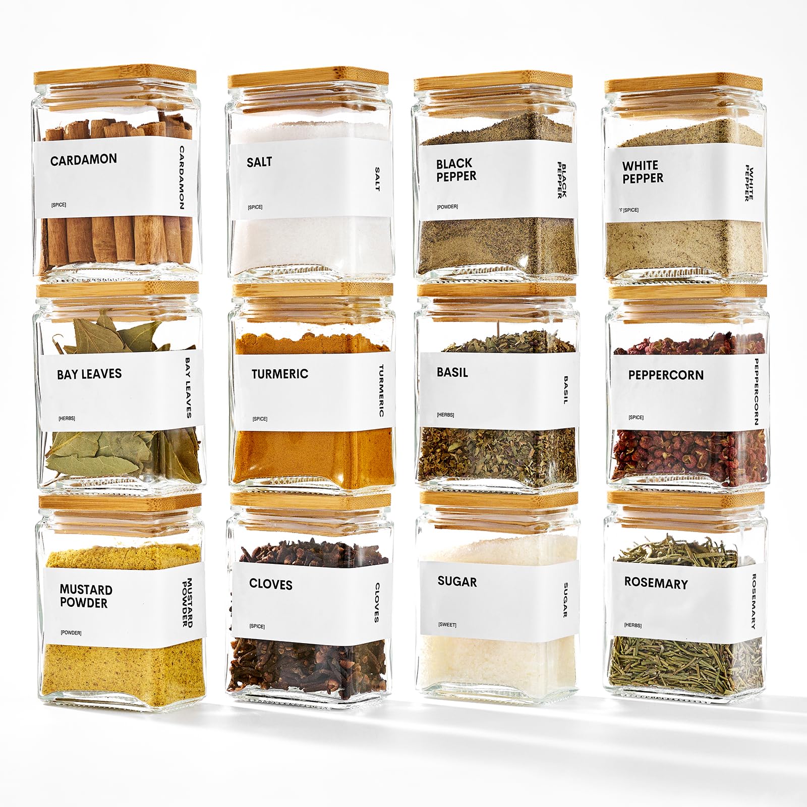 Glass Spice Jars with Bamboo Lid, 4oz Square Spice Containers for Pantry Organization, Seasoning Bottles with Labels, Spoons, Funnel for Salt Sugar
