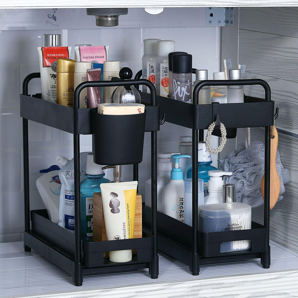 2 Pack Under Sink Organizer for Efficiently Utilizing Space, 2 Tier Bathroom Cabinet Organizers and Storage, Multi-purpose Kitchen Organizer and Storage with Hooks and Cups(Black)