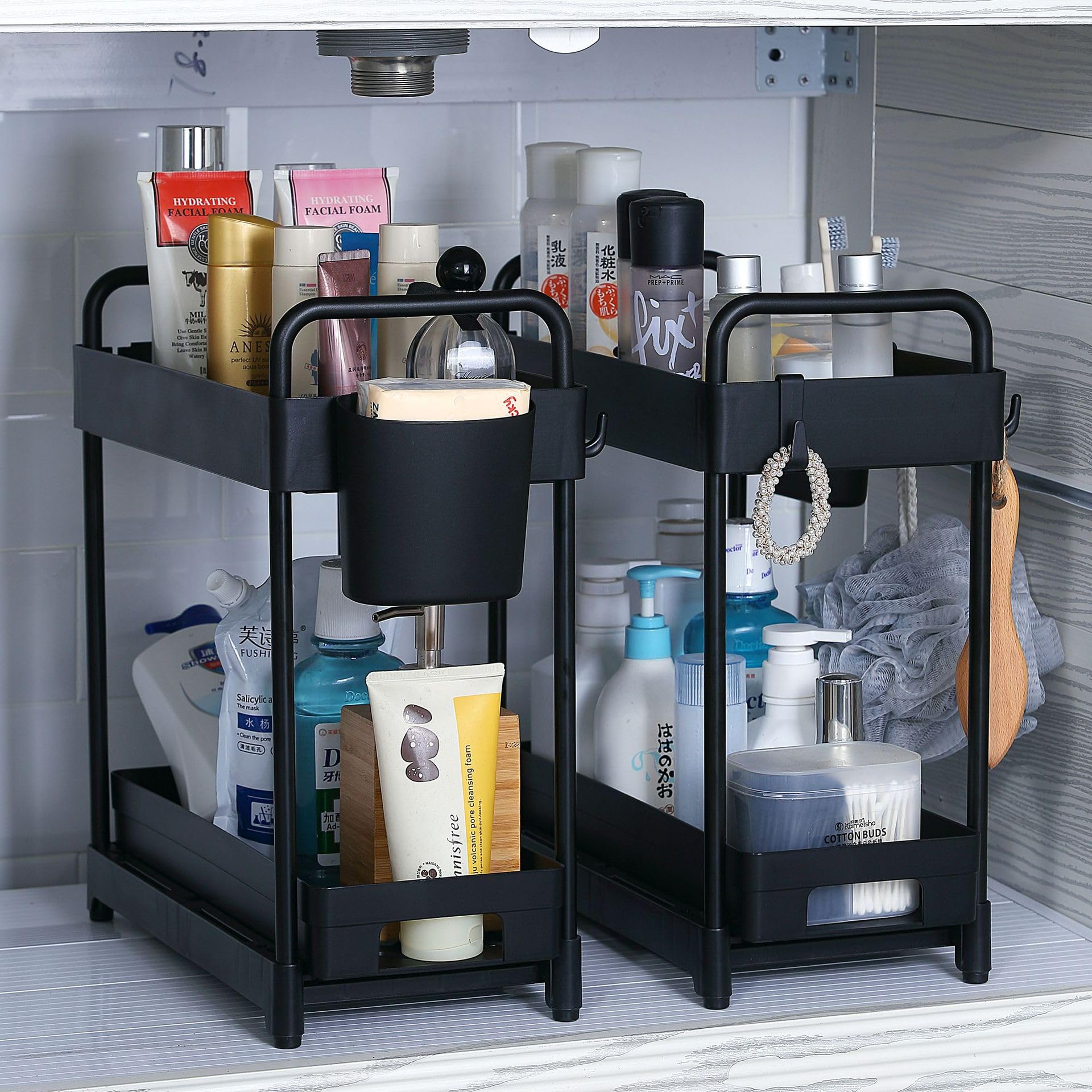2 Pack Under Sink Organizer for Efficiently Utilizing Space, 2 Tier Bathroom Cabinet Organizers and Storage, Multi-purpose Kitchen Organizer and Storage with Hooks and Cups(Black)