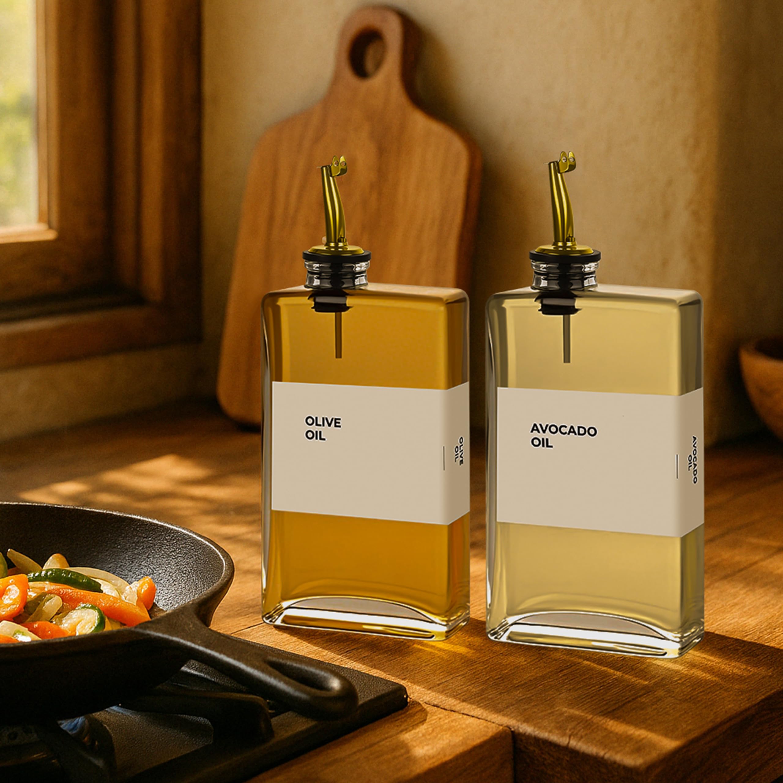 Spaceneat Olive Oil Dispenser Bottle – Includes 48 Kitchen Essential Labels – Cooking Oil Bottles for Kitchen, Coffee Syrup Dispenser – Pourer Spout with 350 mL Glass Container Cruet – 2pcs, Gold