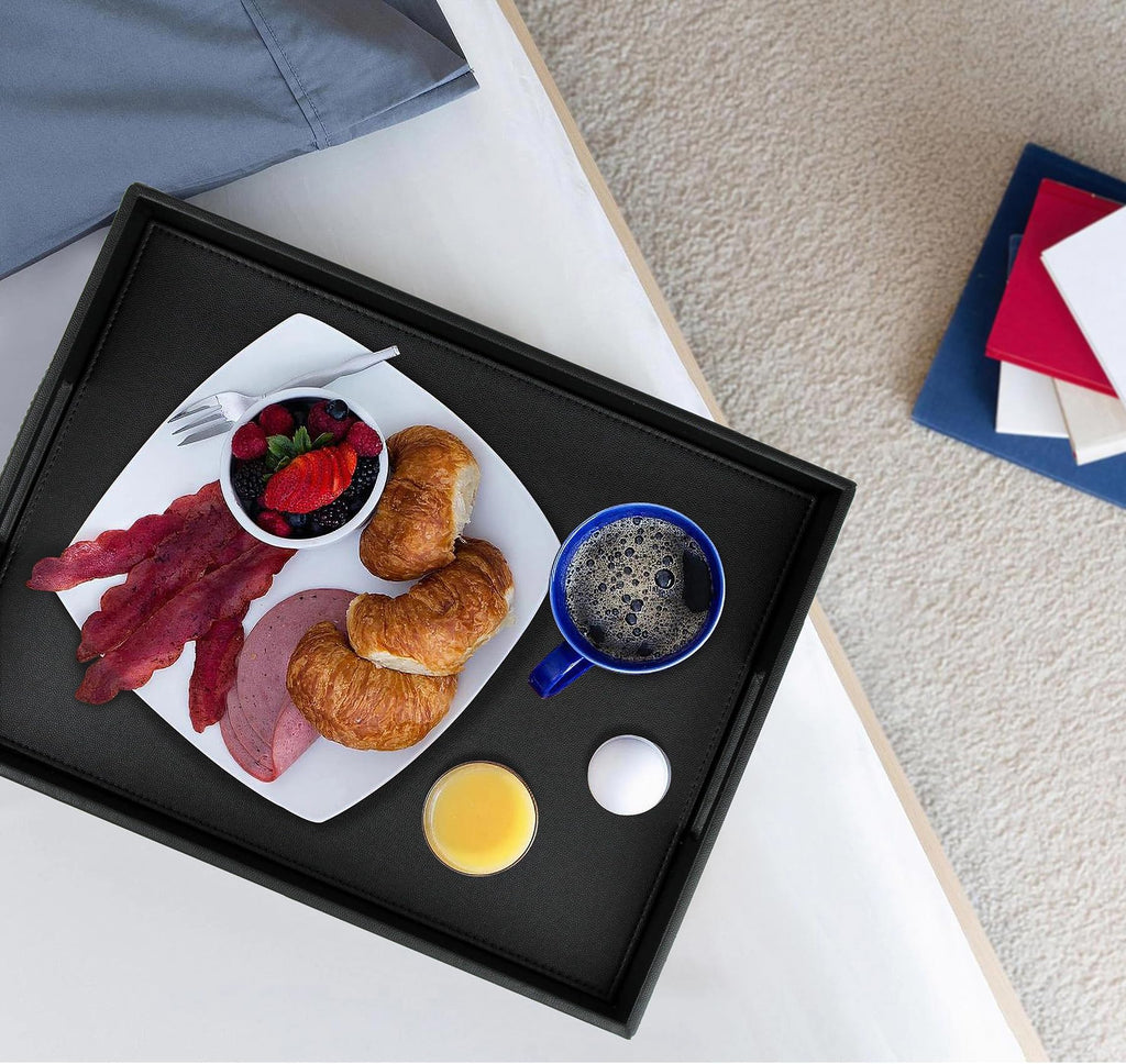 HofferRuffer Rectangle Serving Tray with Hole Handles for Coffee Table, Breakfast, Tea, Food, Butler - Countertop, Kitchen, Vanity Serve Tray, 16.2 x 12.2 x 2 inches, Faux Leather Tray (Black)