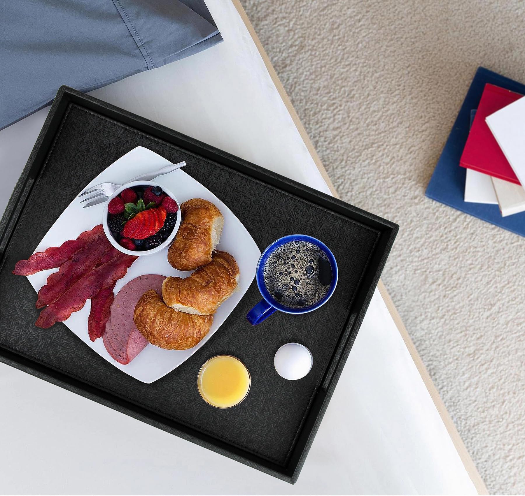 HofferRuffer Rectangle Serving Tray with Hole Handles for Coffee Table, Breakfast, Tea, Food, Butler - Countertop, Kitchen, Vanity Serve Tray, 16.2 x 12.2 x 2 inches, Faux Leather Tray (Black)