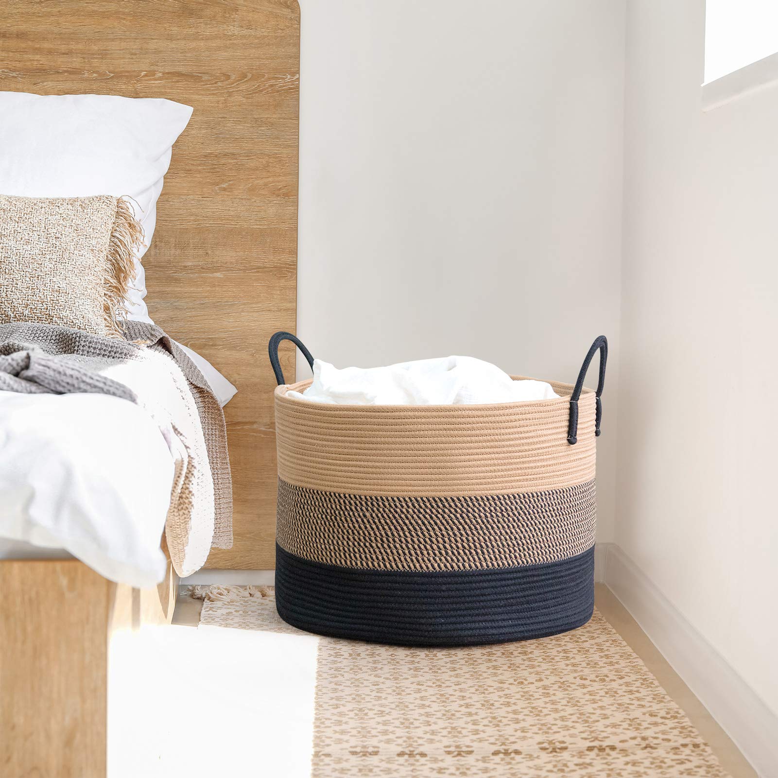 Goodpick XXXLarge Cotton Rope Basket, 21" x 14", Woven Blanket Storage Basket for Living Room Laundry Basket for Pillows Toys Clothes Hamper Wicker Basket with Handles, Black Jute Stripes