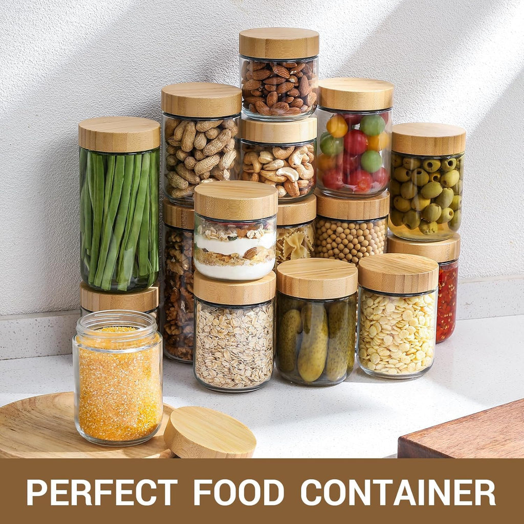 POLCANUR Glass jars with Bamboo Lids 4 pack,16oz Overnight Oats Containers, Reusable Wide mouth Salad jars, Glass Food Storage Containers for Snacks Yogurt Spice Sugar