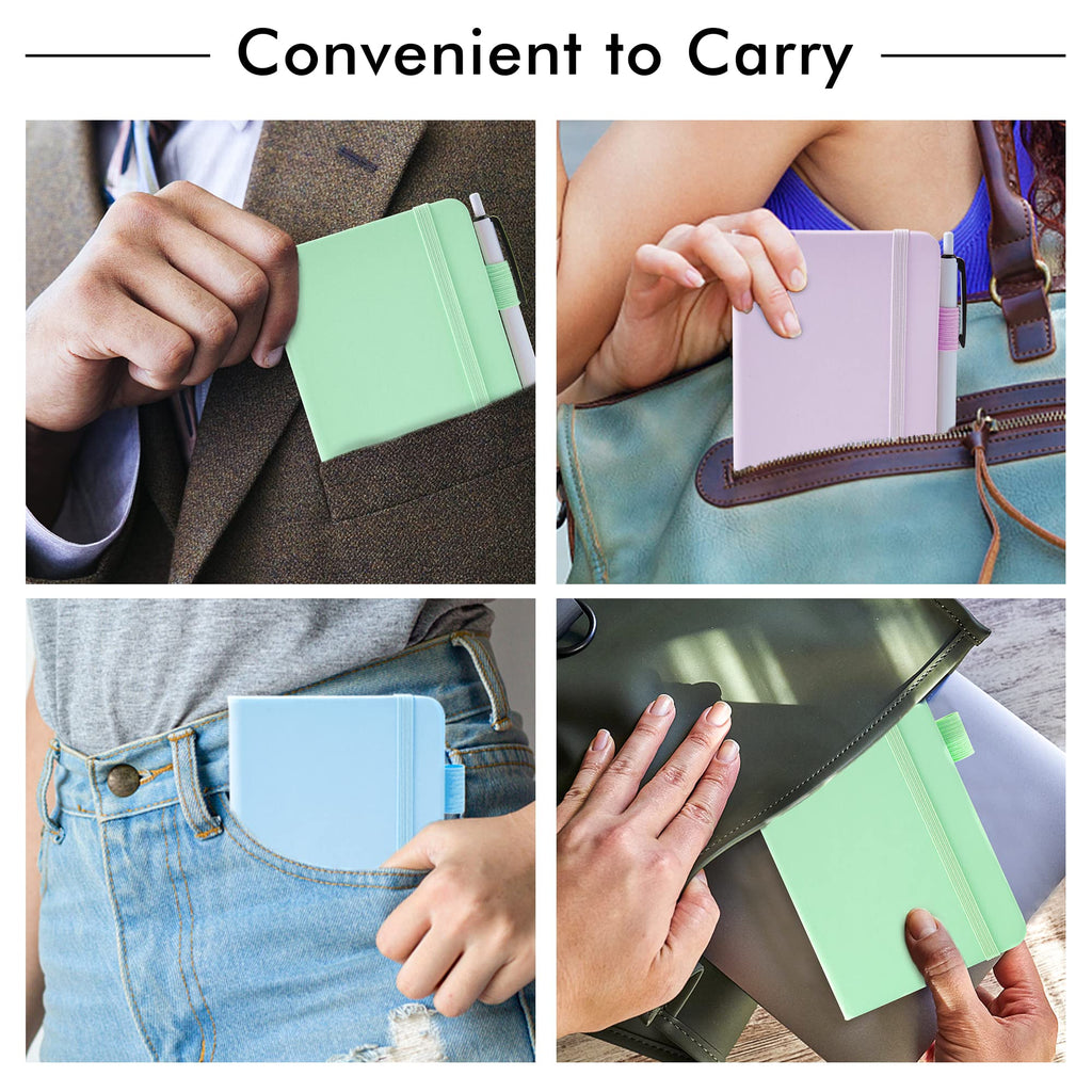 feela Pocket Notebook Journals, Mini Cute Small Hardcover College Ruled Notepad Office School Supplies, with 3 Black Pens, 3.5”x 5.5”, 3 Pack, A6, Pastel Colors, Light Blue, Light Purple, Light Green