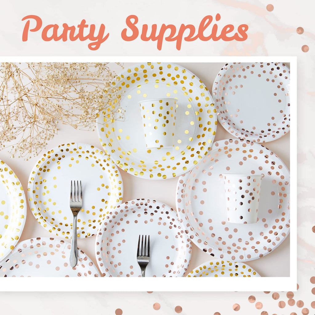 MATICAN 100-Pack Disposable Paper Plates, 9-Inch White & Rose Gold with Foil Polka Dots