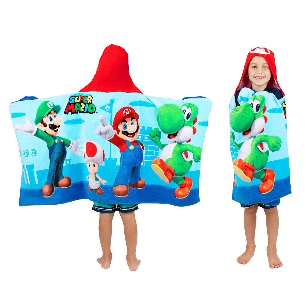 Franco Kids Bath and Beach Super Soft Cotton Hooded Towel Wrap, 24 in x 50 in, Super Mario