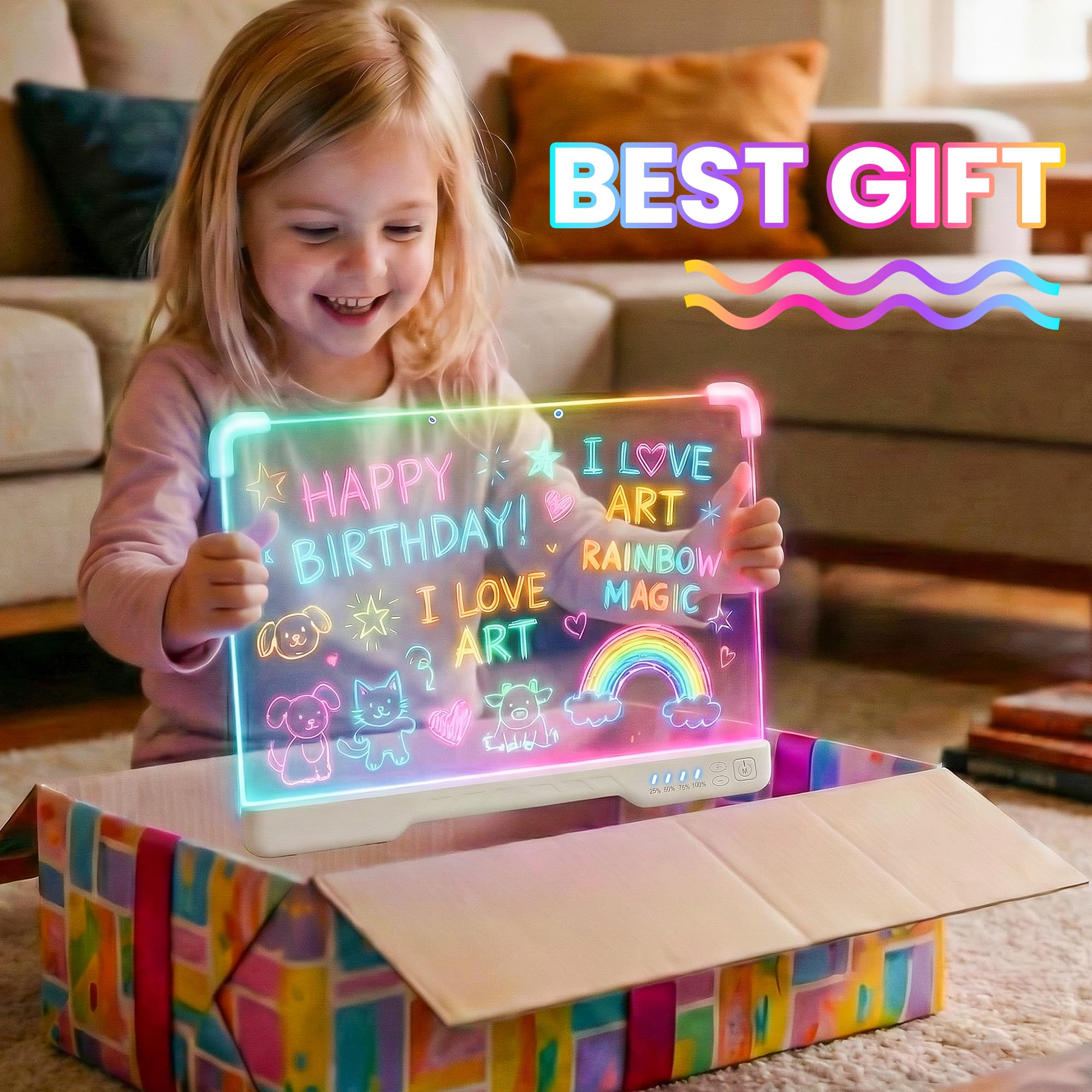 Rechargeable LED Drawing Board, 16-Inch Acrylic Dry Erase Board, Supports 7 Colors and 4 Modes, Includes 7 Pens and Tracing Book, Glow Doodle Message Pad, Night Writing Note Board with Soft Cloth