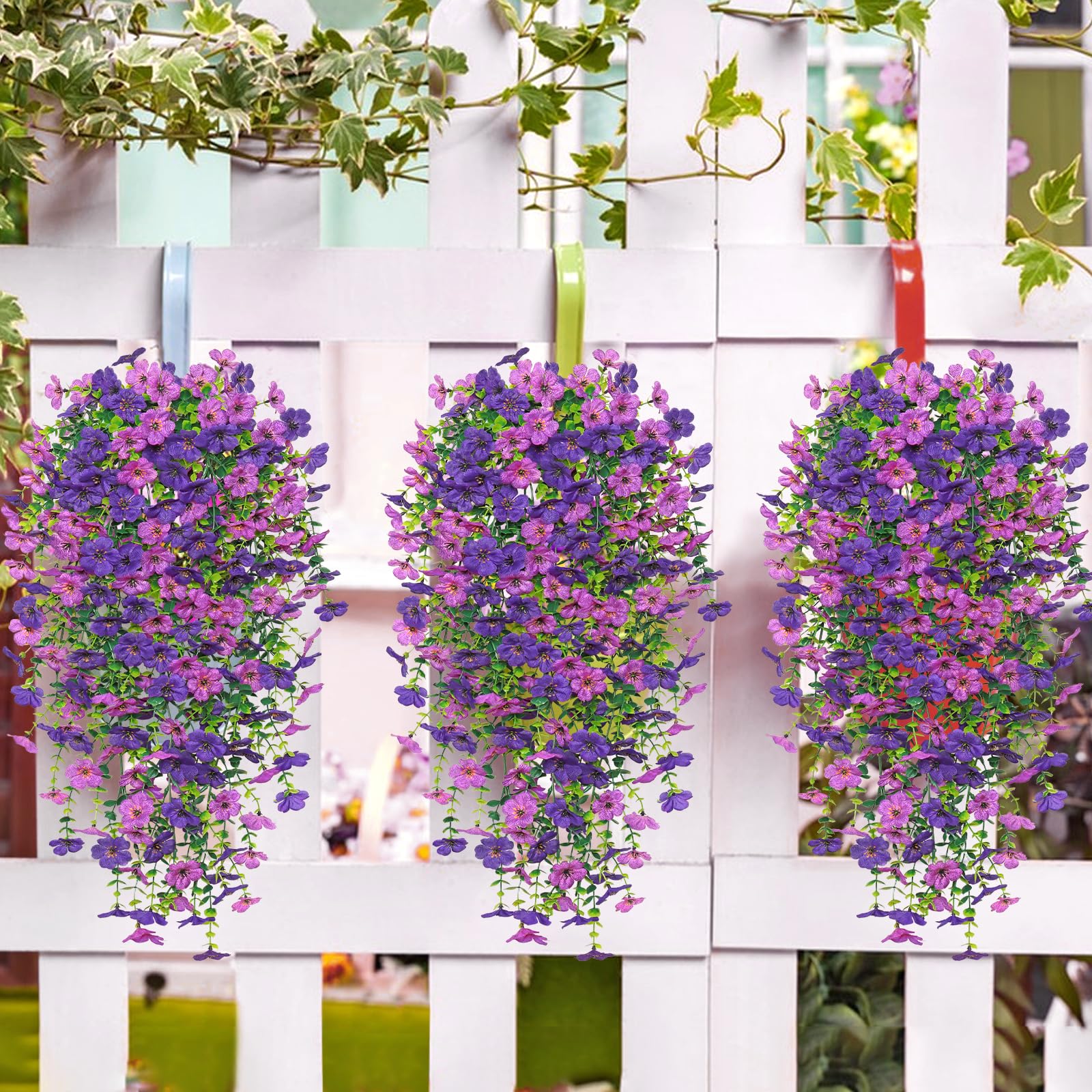 Betylifoy 4PCS Artificial Hanging Flowers Fake Hanging Plants for Outdoors UV Resistant Faux Silk Orchid Flowers Greenery Long Trailing Vines for Indoor Outside Garden Porch Decor (Light&Dark Purple)