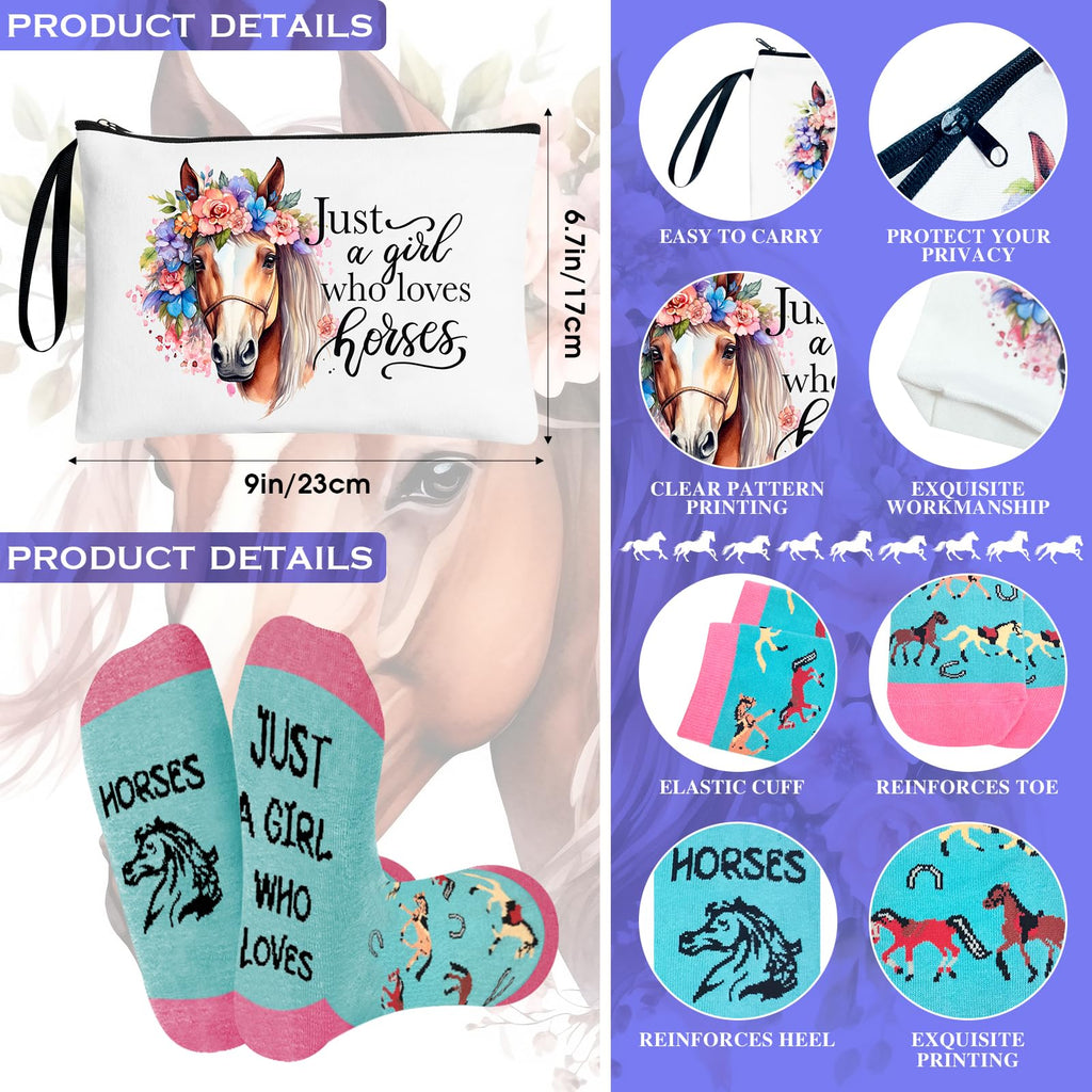 JTAMOHI Horse Lover Gifts for Girls, 6 Pcs Horse Stuff Cool Gifts for Horse Lovers with 20 Oz Tumbler Socks Makeup Bag Bracelet 8 Hair Accessories, Birthday, Christmas Gifts for Horse Lover
