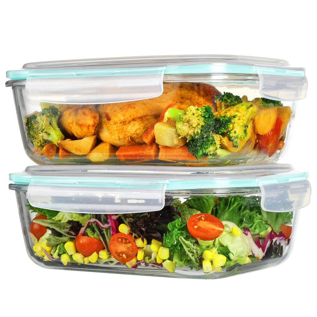 Vtopmart 2Pack 2260ml/ 76.4oz Extra Large Glass Container Food Storage with Lids, Meal Prep Container Set with Snap Airtight Lid for Baking, Microwave, Oven, Leak Proof, for Freezer, Dishwasher, Green