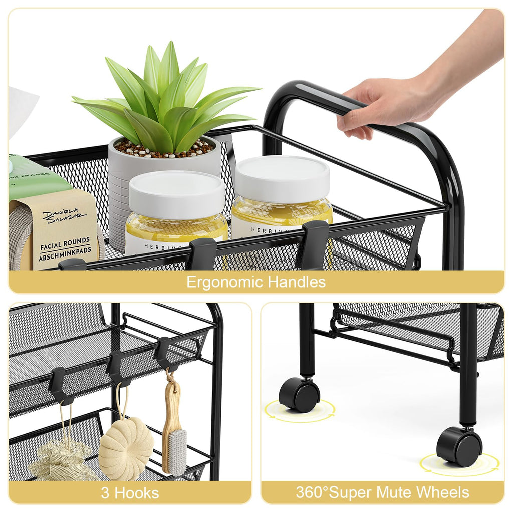 TOOLF 3-Tier Metal Rolling Cart, Mesh Wire Easy Assemble Utility Cart, Storage Trolley on Wheels with 3 Hooks, MetalStorage Shelving Units for Kitchen Bathroom Laundry Room