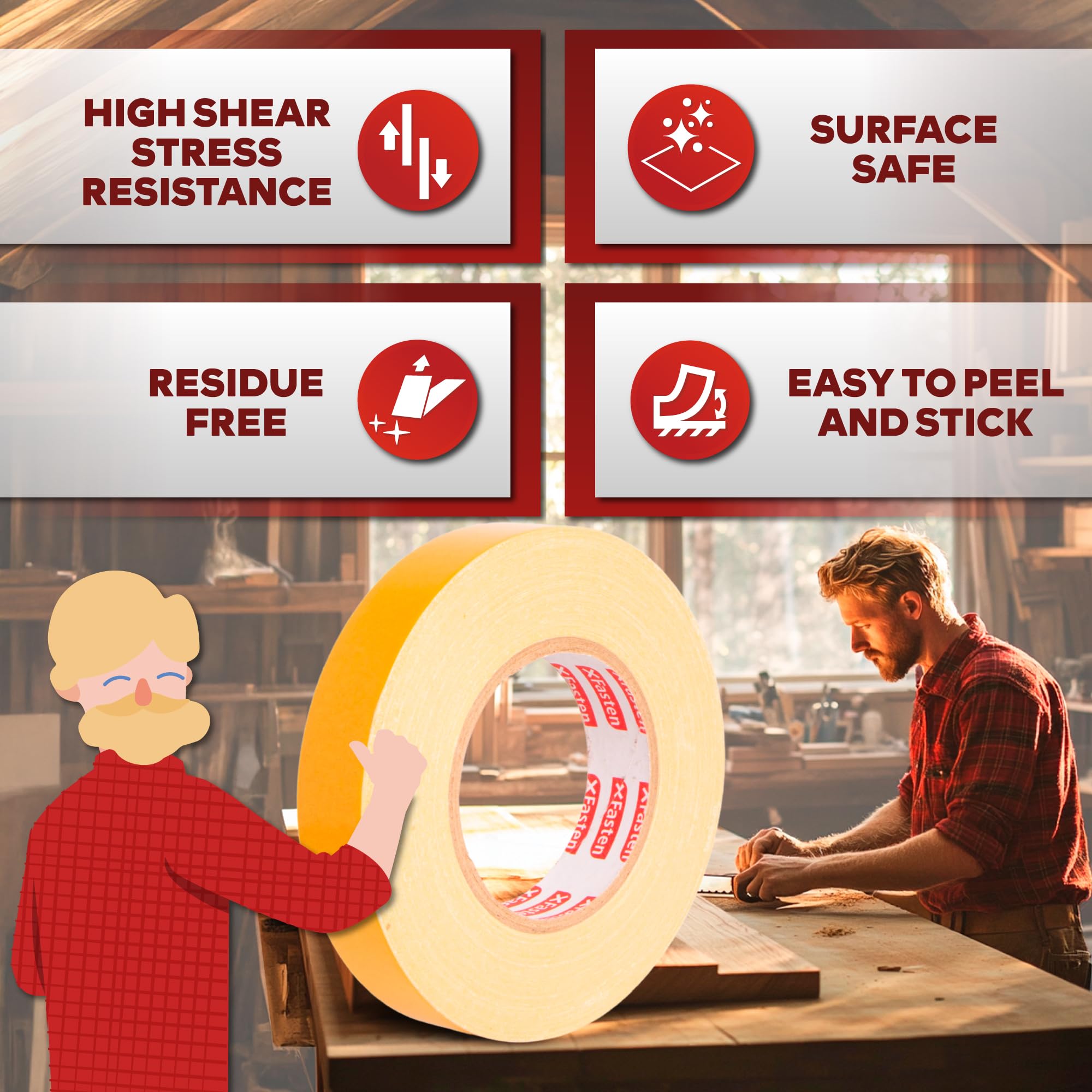 XFasten Double Sided Woodworking Tape, 1-Inch by 36-Yards, 3-Pack - Double Face Woodworker Turner's Tape for Wood Template, Removable & Residue Free
