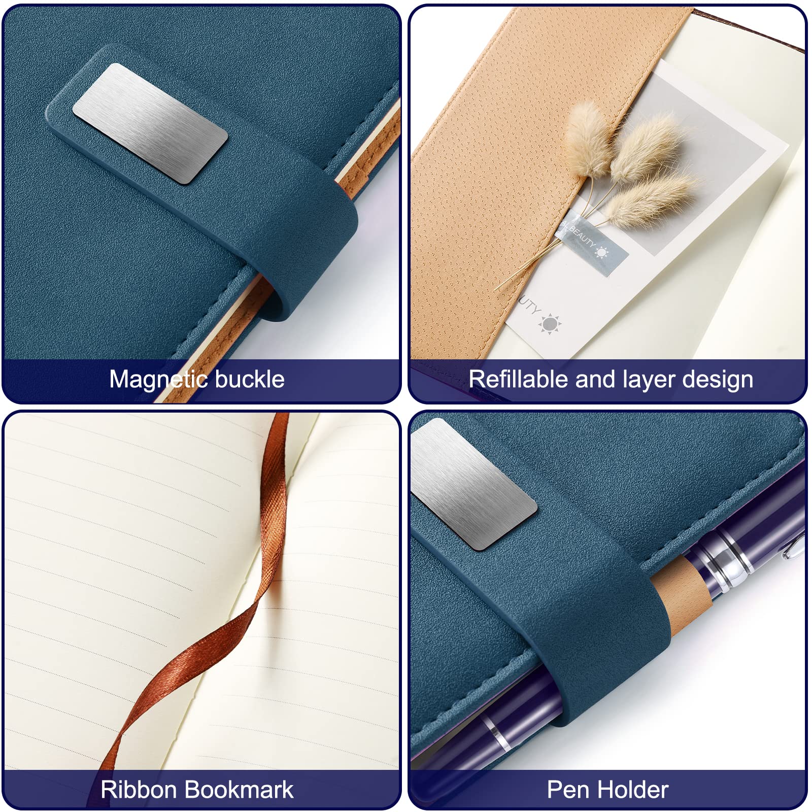 A5 Lined Leather Journal with Pen, 240 Pages Refillable Hardcover Notebook with Pocket and Magnetic Buckle, 80gsm Thick Daily Diary for Men and Women, Great Gift for Business School Travel Personal - Navy Blue