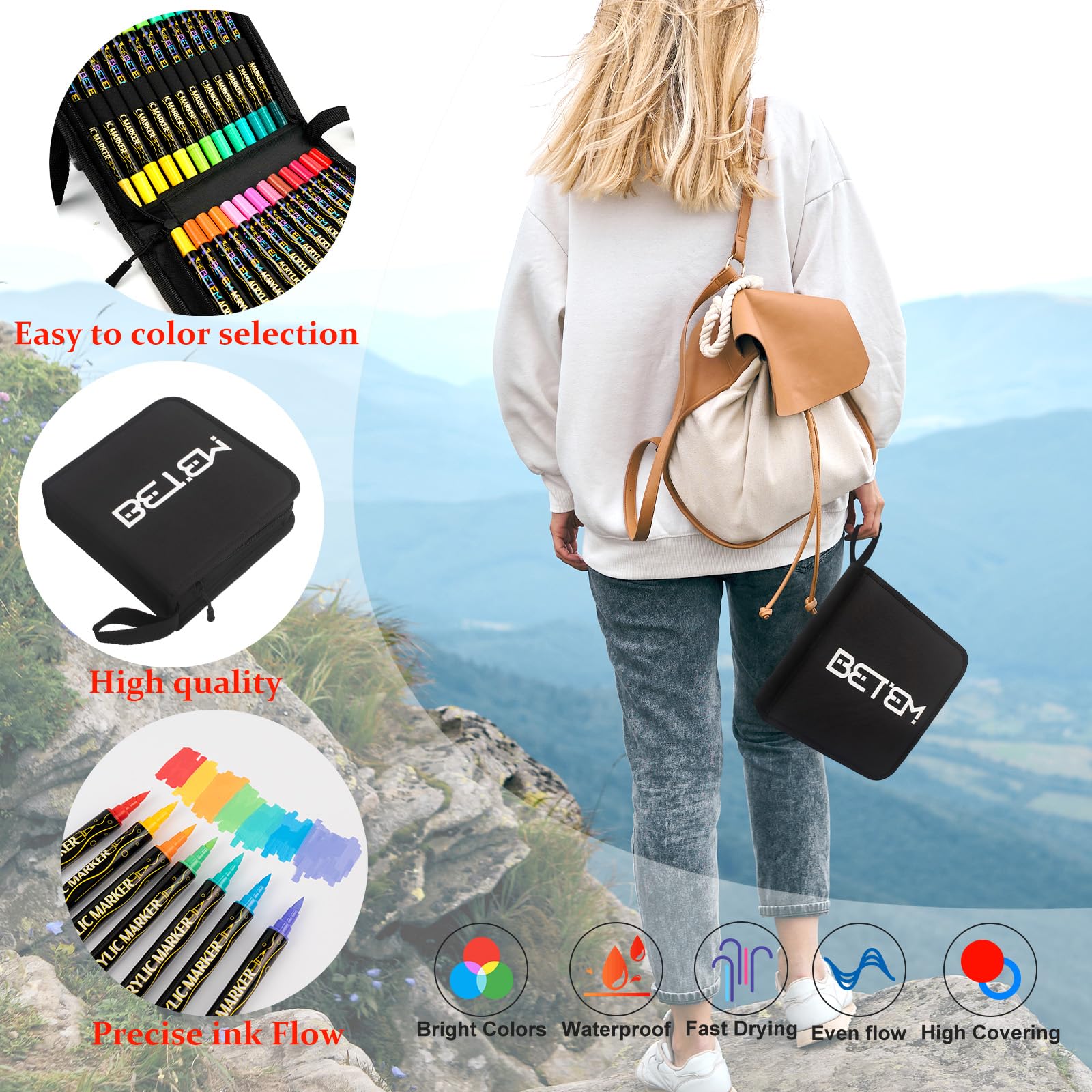 Betem 48 Colors Paint Markers Acrylic Paint Pens, Dual Tip with Brush Tip and Fine Point, Art Supplies for Wood, Canvas, Stone, Glass, Ceramic, Rock Painting Kit DIY Crafts Making Drawing Kit with Bag