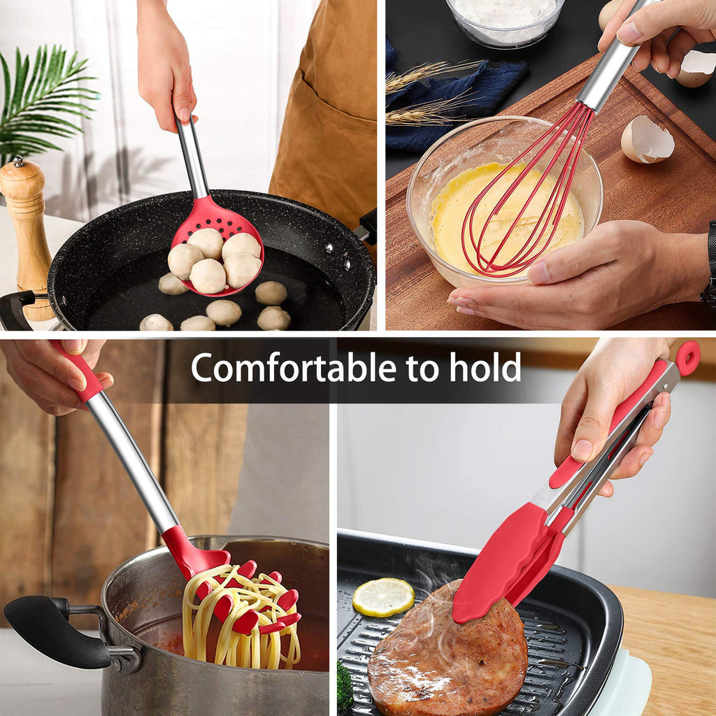 LIANYU 15-Piece Cooking Kitchen Utensils Set with Holder, Silicone Kitchen Tools Stainless Steel Handle, Slotted Spatula Spoon Turner Tong Whisk Brush for Cooking, Red