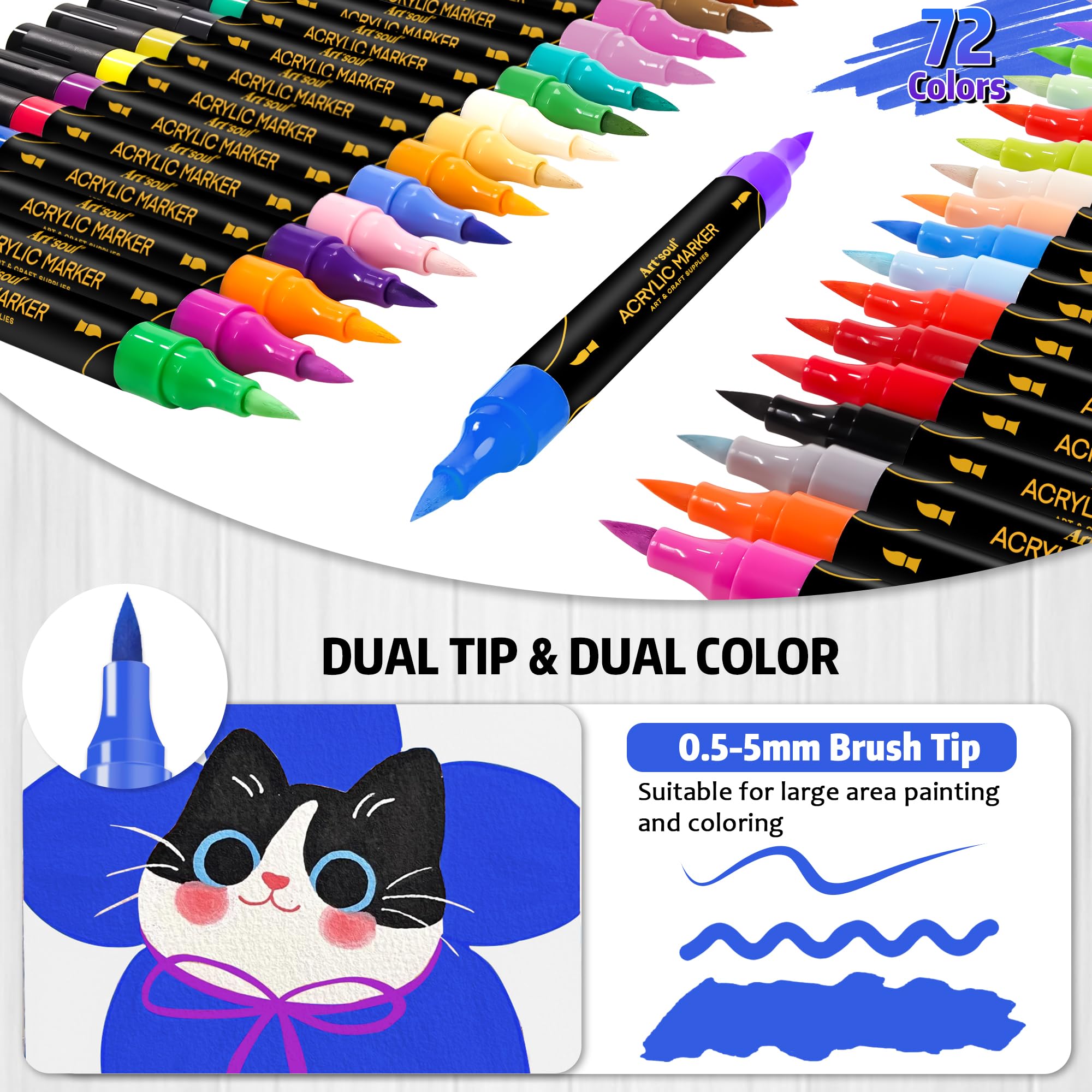 Art+soul 72 Colors Acrylic Paint Pens, 36 Pack Dual Tip Acrylic Paint Pens Markers for Rock Painting, Wood, Stone, Canvas, Ceramic, Glass Surfaces, DIY Crafting & Art Supplies