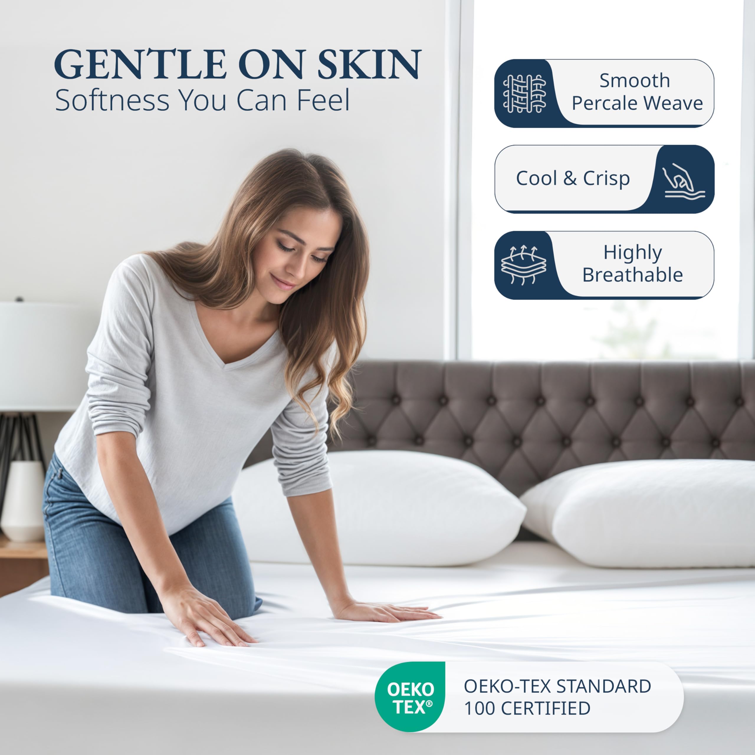 Lane Linen Double Fitted Sheet, 100% Organic Cotton, Percale, Soft and Breathable, 3-Piece Full Size Bottom Sheet with 2 Pillowcases, 15" Deep Pocket & All-Around Elastic - White