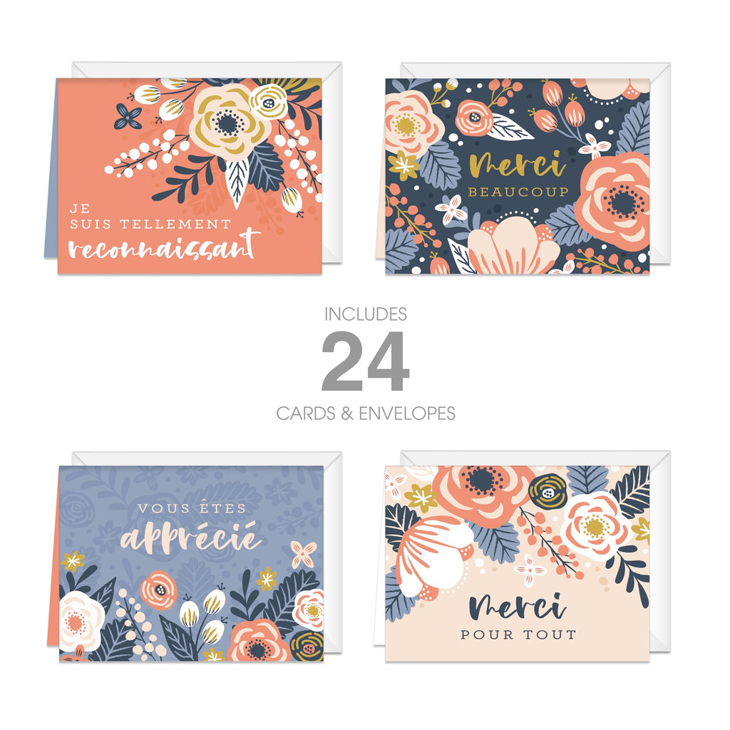 Floral Thank You Card Assortment / 24 Folded Merci Greeting Cards With White Envelopes / 4 5/8" x 6 1/4" French Canadian Notecards / 4 Unique Designs/Made In Canada