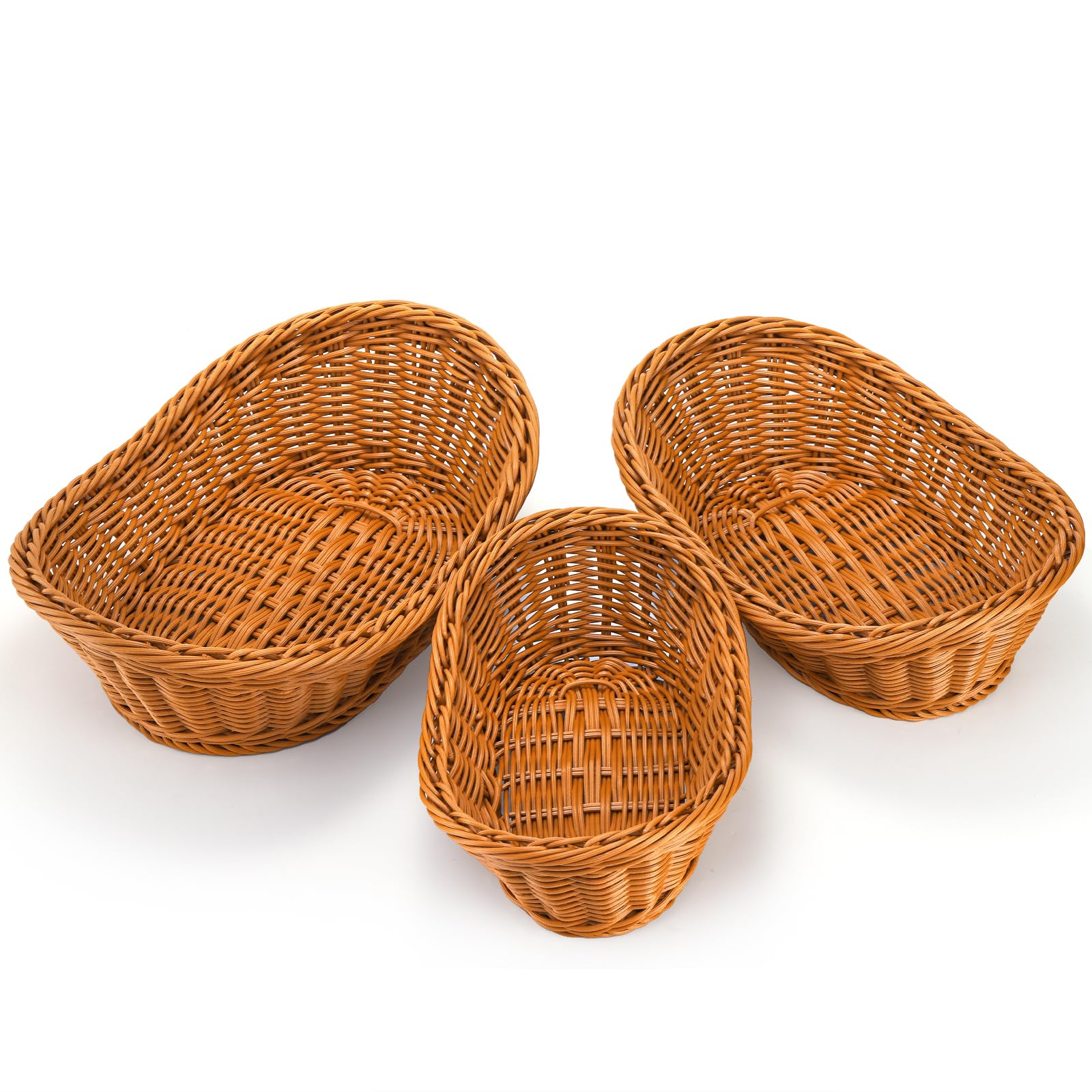 Yarlung 3 Pack Woven Breads Baskets, Oval Small Fruit Baskets Stackable Plastic Wicker Baskets for Serving Vegetables, Kitchen, Restaurant, Outdoor, Imitation Rattan Brown, 3 Sizes