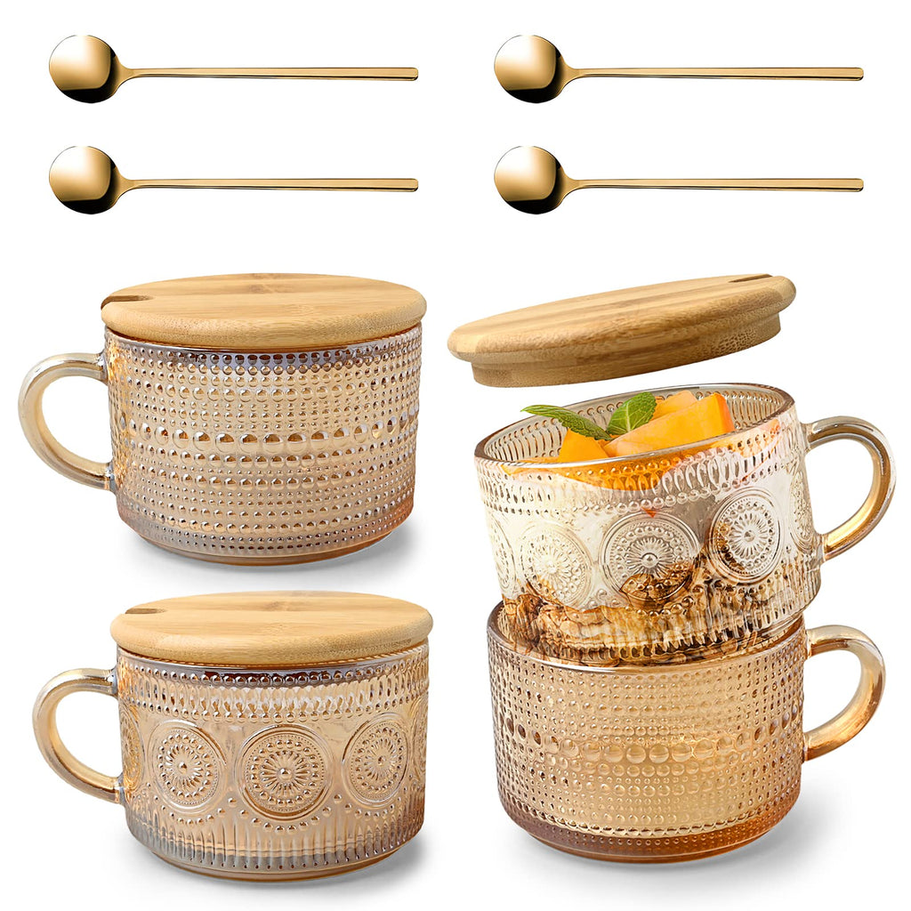 Vintage Coffee Mug Set - 4 Glass Cups with Bamboo Lids and Spoons, 14 Oz Embossed Glass Coffee Mugs, Stackable, Clear Breakfast Cups for Cereal, Yogurt, Latte, Tea (Amber)