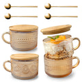 Vintage Coffee Mug Set - 4 Glass Cups with Bamboo Lids and Spoons, 14 Oz Embossed Glass Coffee Mugs, Stackable, Clear Breakfast Cups for Cereal, Yogurt, Latte, Tea (Amber)