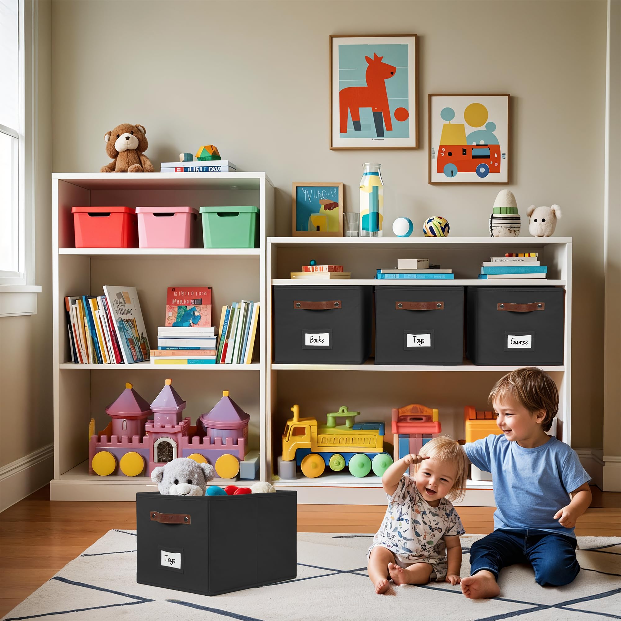 DECOMOMO Storage Baskets for Shelves, 15x11x9.9 inches Foldable Storage Bins with Labels (Black, 4pcs)