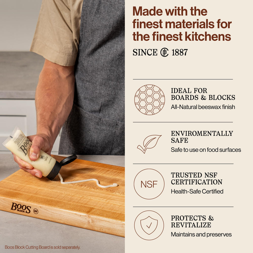 John Boos 5 oz Board Cream with Beeswax and Mineral Oil for Wood Surface Care – All-Natural Conditioner & Sealer for Butcher Blocks, Wooden Cutting Boards, Countertops, and Utensils