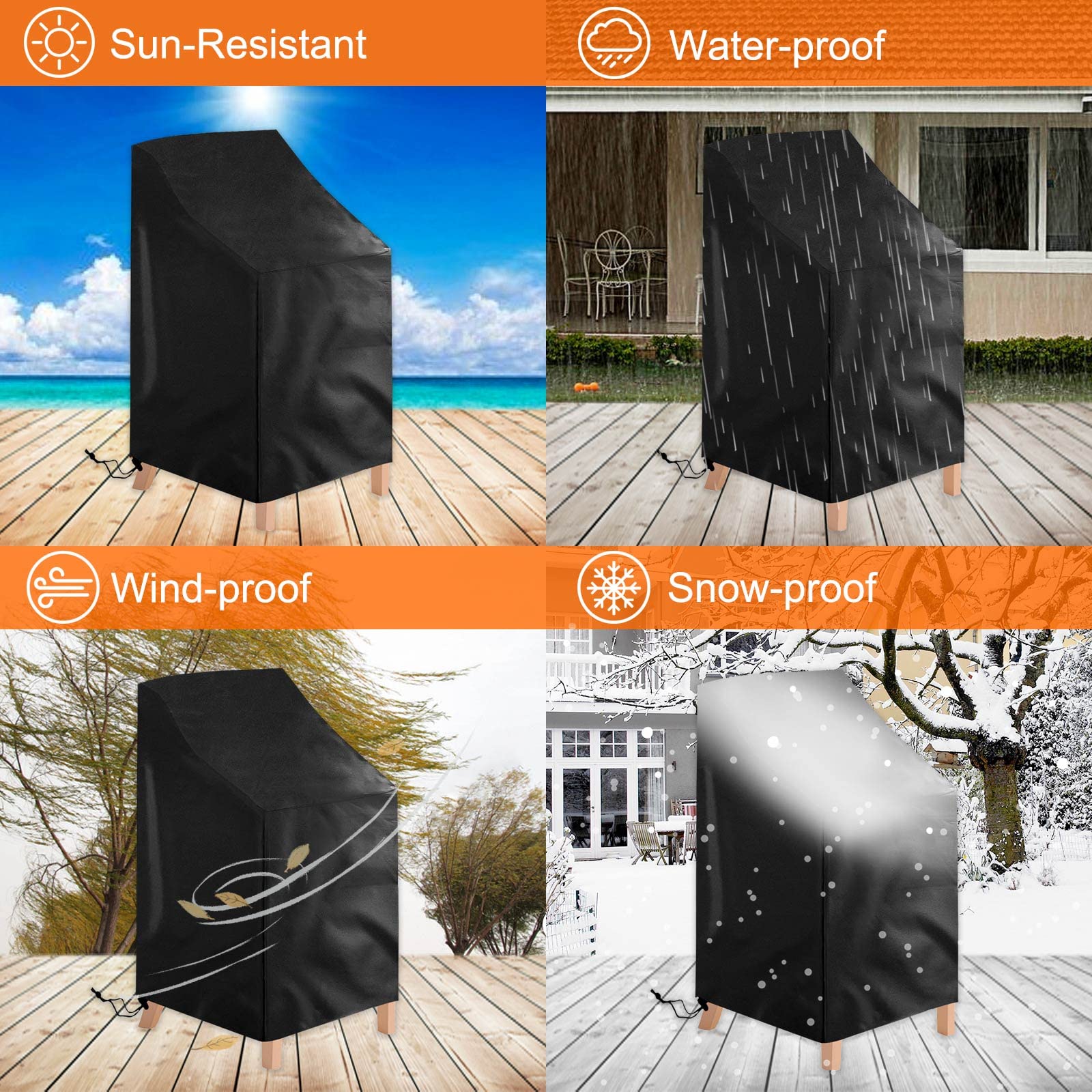 Uranshin 2 Pack Patio Chair Cover, Waterproof, Black, Oxford Cloth, 25.2"L x 25.2"W x 47.24"H