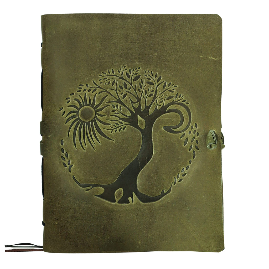 Leather Journal for women and men embossed 8 x 6 inch Handmade Lined craft paper tree of life sun and moon notebook writing notepad book of shadows journal (Green)