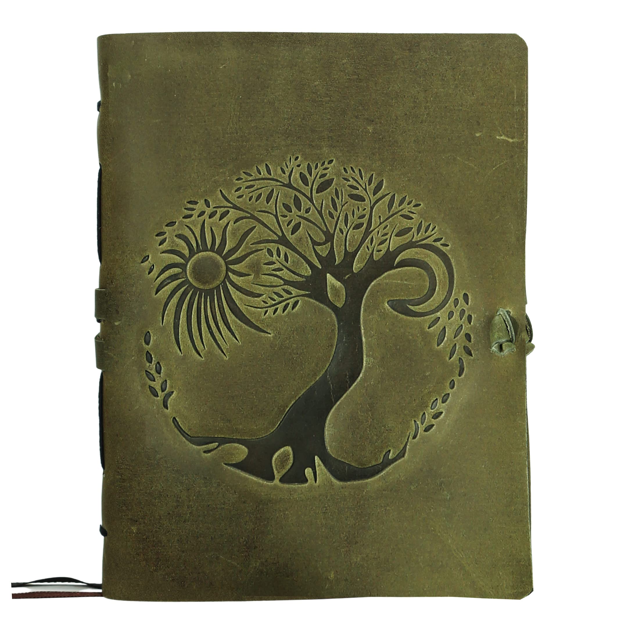 Leather Journal for women and men embossed 8 x 6 inch Handmade Lined craft paper tree of life sun and moon notebook writing notepad book of shadows journal (Green)