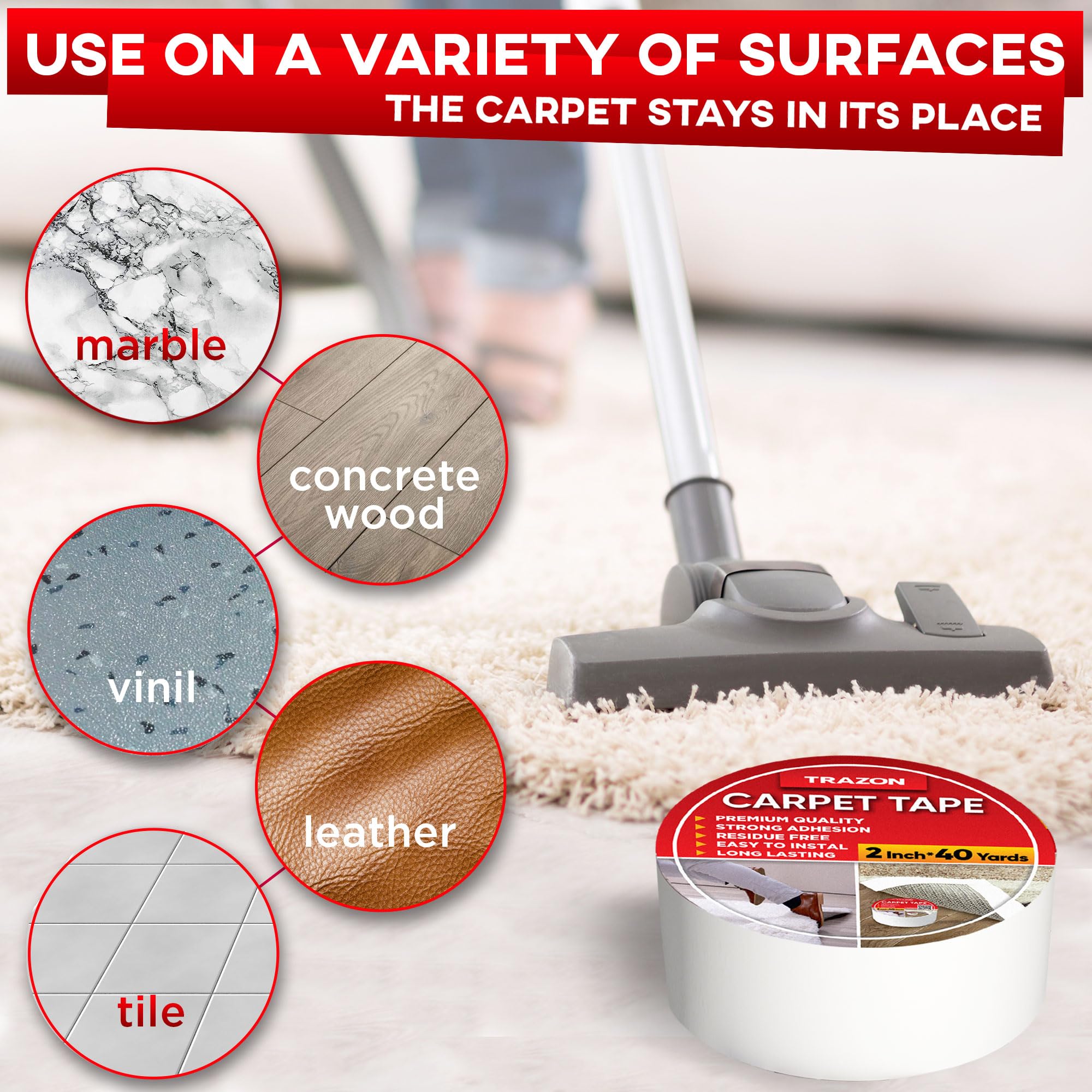 Trazon Carpet Tape Double Sided - Rug Tape Grippers for Hardwood Floors and Area Rugs - Carpet Binding Tape Strong Adhesive and Removable, Heavy Duty Stickers Tape, Residue Free (2 Inch / 40 Yards)