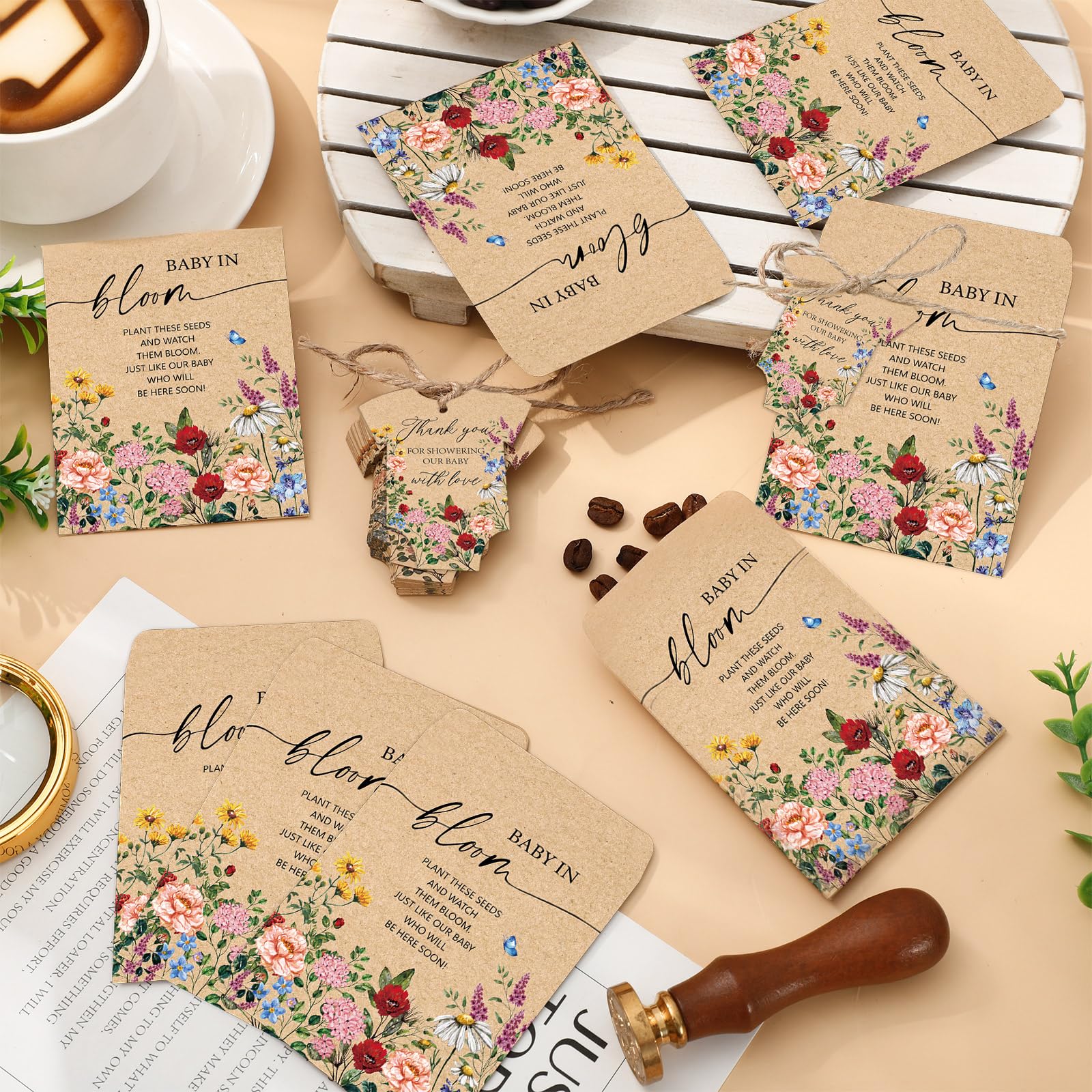 JarThenaAMCS 100Pcs Baby Shower Seed Packets Wildflower Self Adhesive Kraft Envelopes with Thank You Tags Baby in Bloom Seed Storage Pockets for Garden Party Favors Supplies