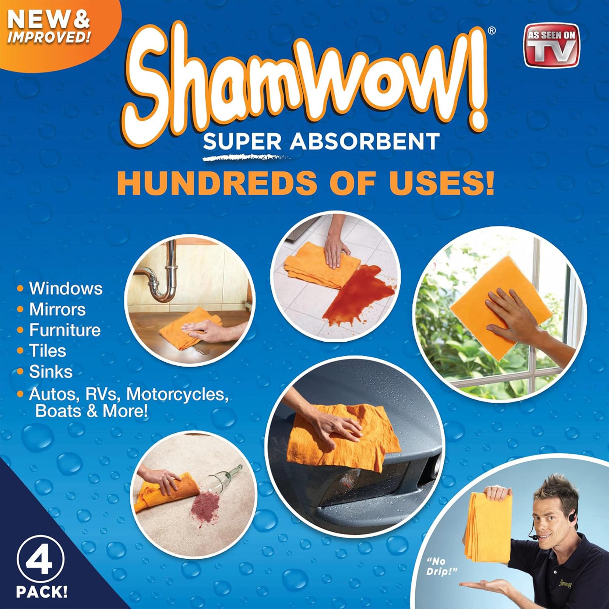 The Original Shamwow - Super Absorbent Multi-Purpose Cleaning Shammy Chamois Towel Cloth - Holds 10X its Weight in Liquid - Machine Washable - Will Not Scratch (4 Pack, 4 Large Orange)