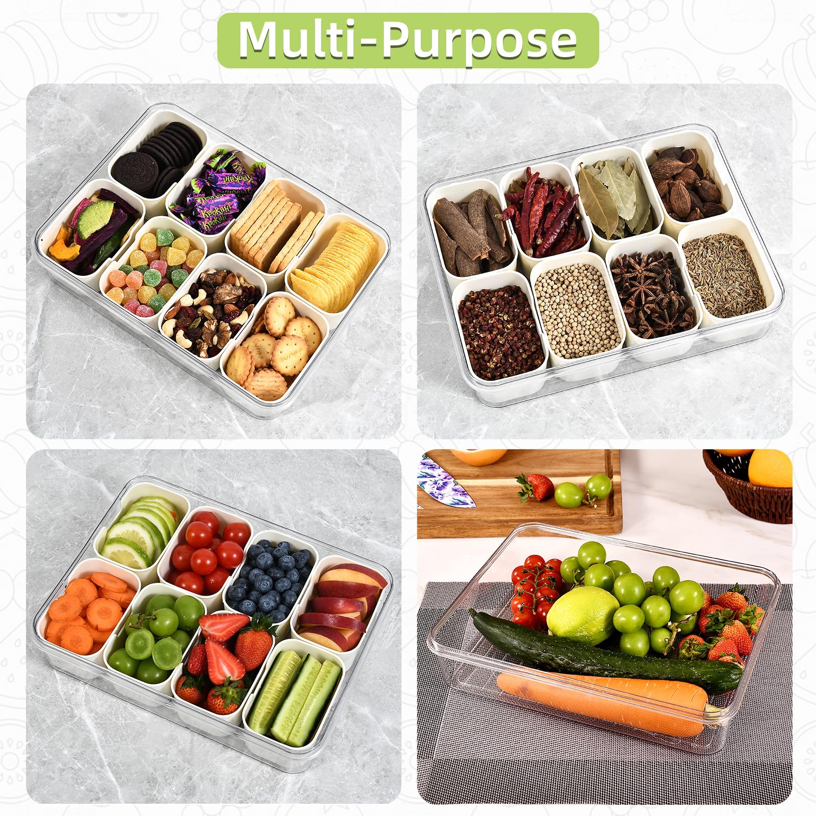 Snackle Box 8 Compartment Divider Box, Divided Serving Tray with Lid and Handle - Charcuterie Container for Portable Snack Platters - Clear Organizer for Candy, Fruits, Nuts - Perfect for Party