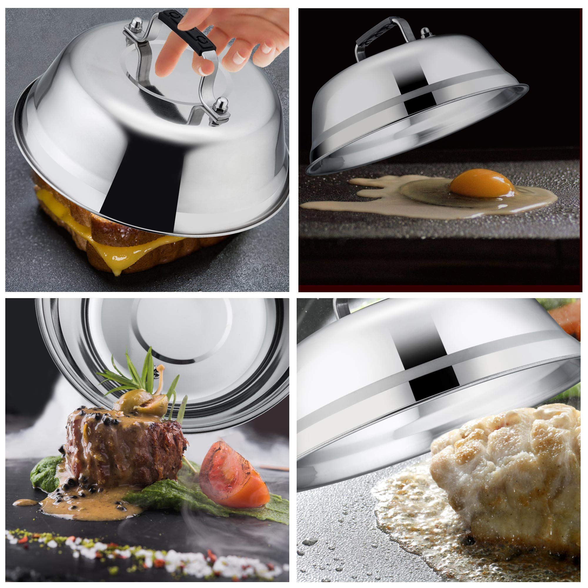 9inch Cheese Melting Dome Set of 2, Leonyo Stainless Steel Steam Basting Cover for Griddle Grill Flat Top, Heavy Duty Griddle Accessories for BBQ Cooking Burger, Dishwasher Safe
