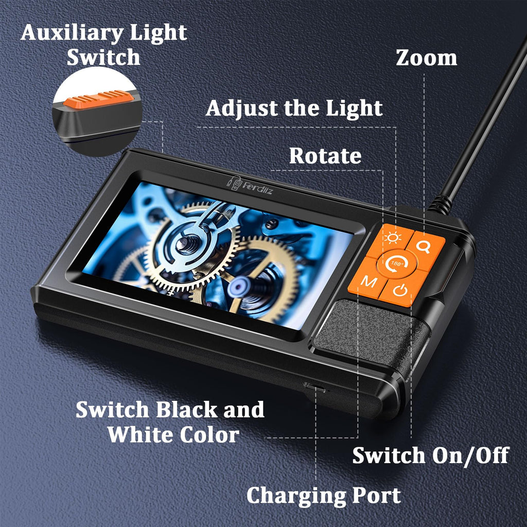 Endoscope Camera with Light, Ferdiiz 1080P HD Borescope with 4.3" IPS Screen, IP67 Waterproof Inspection Camera 8 Adjustable LED Lights, Flexible Endoscopic Camera-16.5FT 5M Semi-Rigid Cable