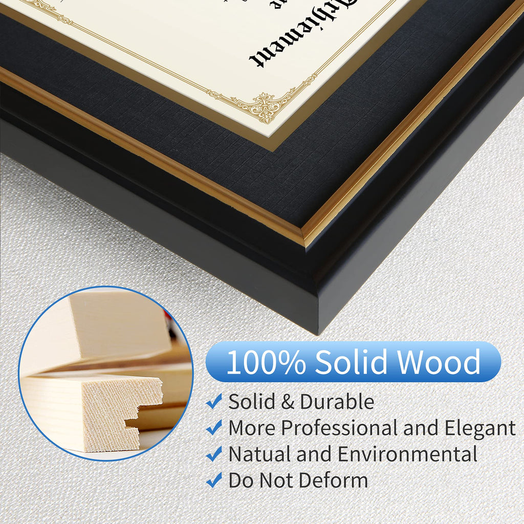 CREKERT Diploma Frame 11x14 College Degree Frame Solid Wood Shatter-Resistant Glass for Documents Certificate Blackgold Frame 8.5x11 with Mat (Black Mat, 1 Pack)