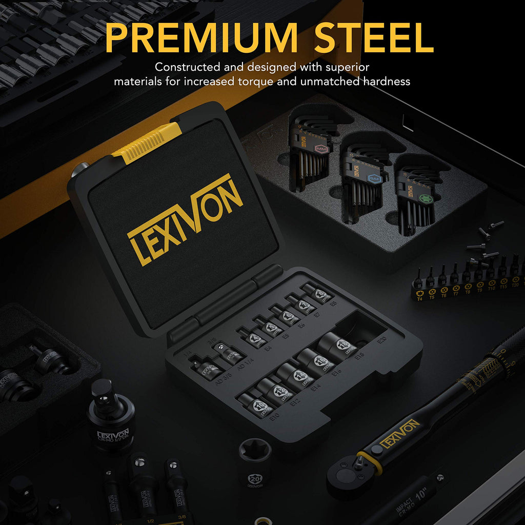 LEXIVON E-TORX Socket Set, Chrome Vanadium Alloy Steel | 13-Piece Female Star Socket E4 - E20 Set | Enhanced Storage Case (LX-147)