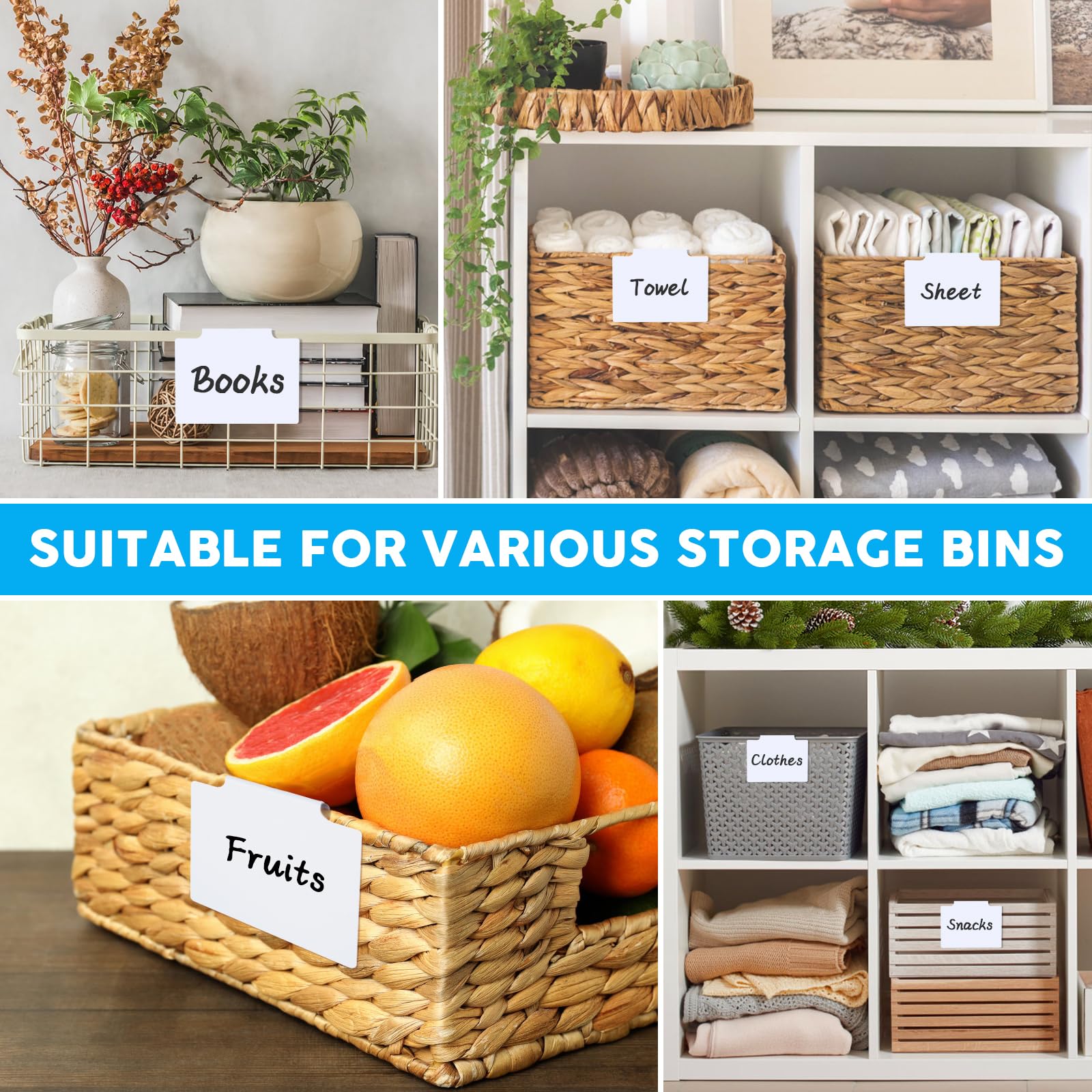 DANRONG 33PCS Basket Labels Clip On, 30 Labels for Storage Bins Removable with 2 Chalk Markers & 1 Wipe, Kitchen Pantry Label, Plastic Storage Bin Label, Label Holder, Basket Tags, Bin Clips (White)