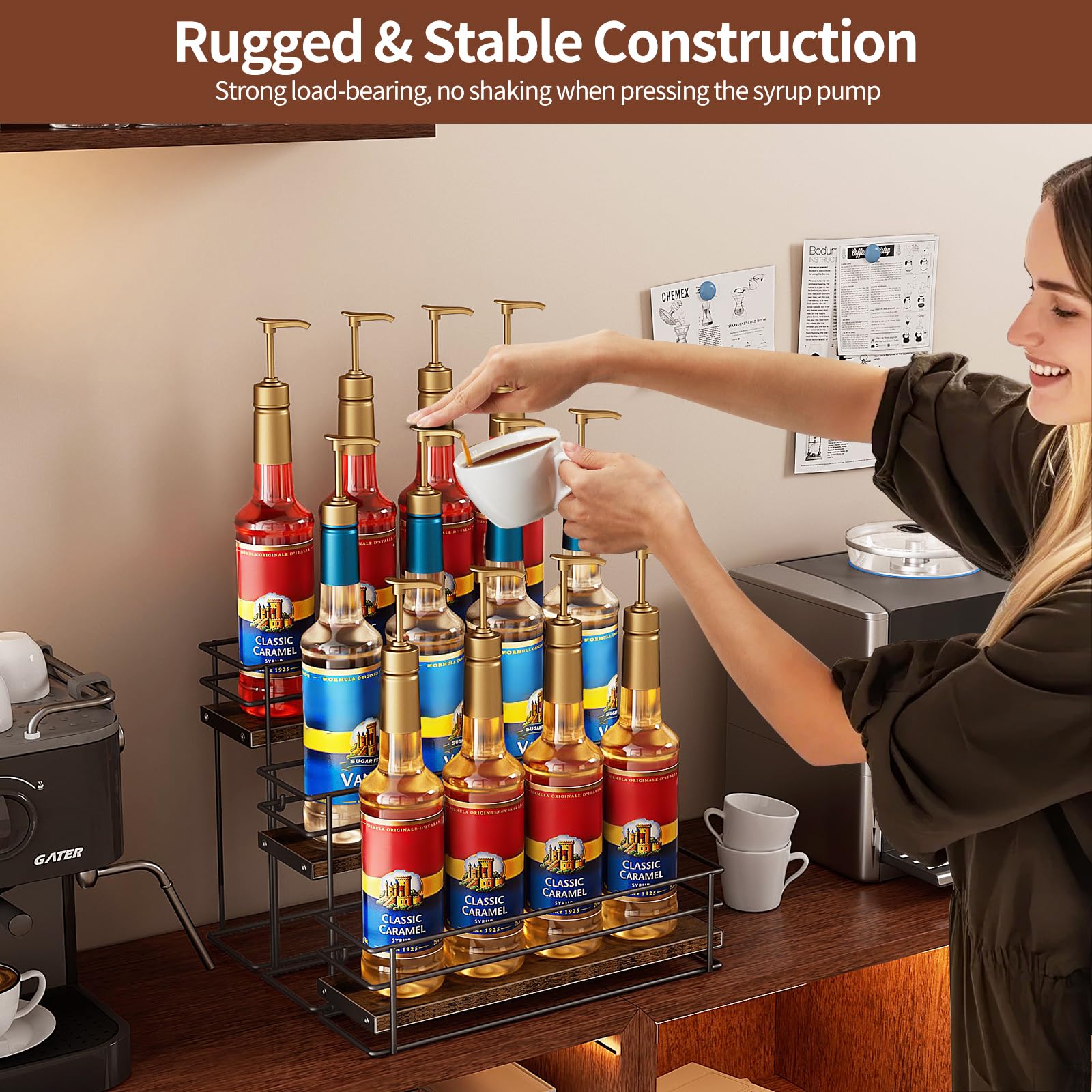 Nuovoware Coffee Syrup Organizer, 3-Tier 12 Bottles Separable Metal Rack with Wooden Base Whiskey Wine Dressing for Countertop Kitchen Bar, Black