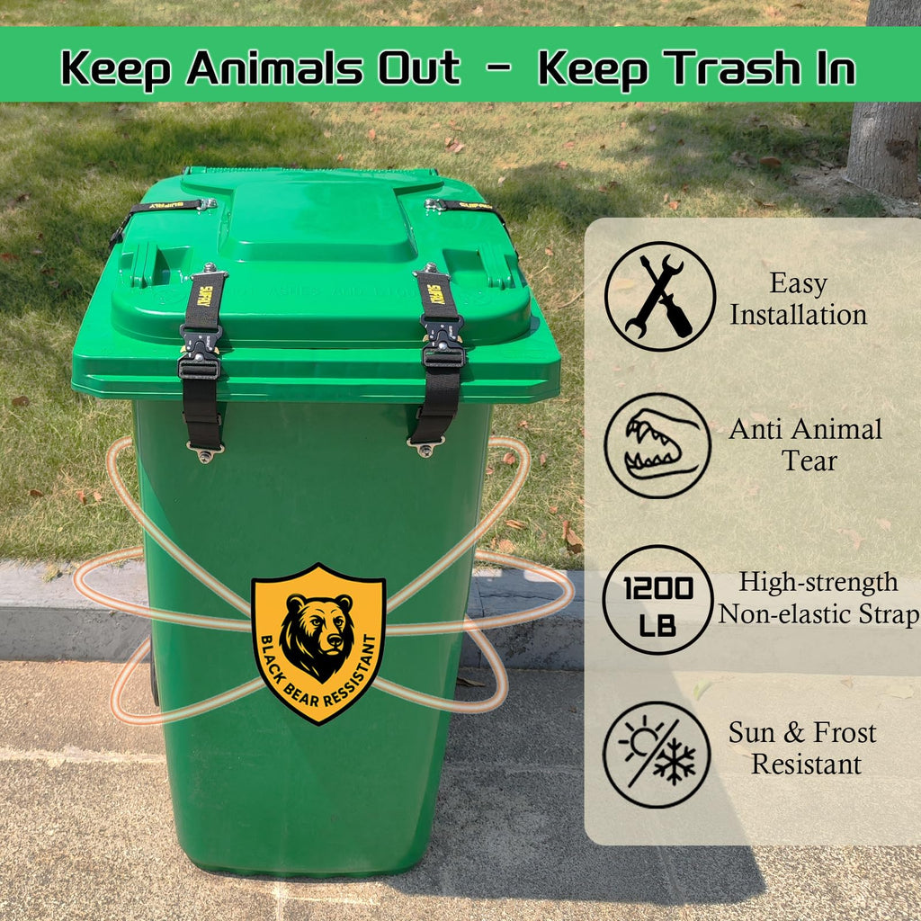 Bear Proof Trash Can Locks,Universal Animal-Proof Garbage Can Lid Straps Against Raccoons and Wildlife,Adjustable Heavy Duty Security Strap for 28-96 Gallon Outdoor Bins (2 PCS)