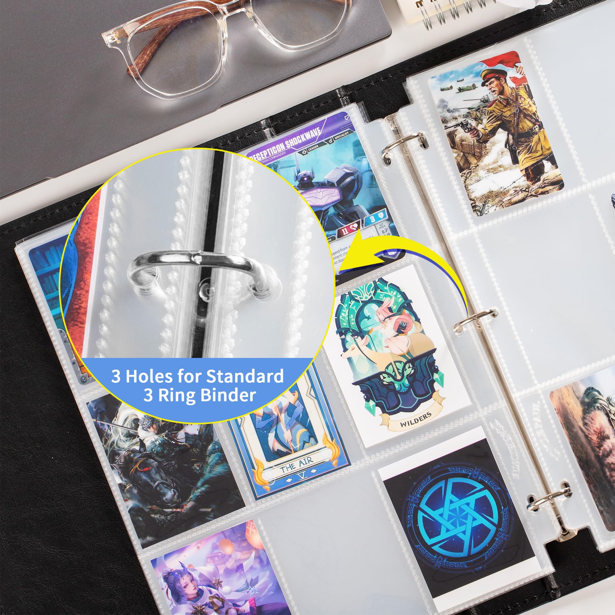 Trading Card Sleeve Pages 9 Pocket Pages Protectors 3 Holes for Trading Cards/Sport Cards/Game Cards Fit 3 Ring Binder OS02 (Transparent, 100 Sheets)