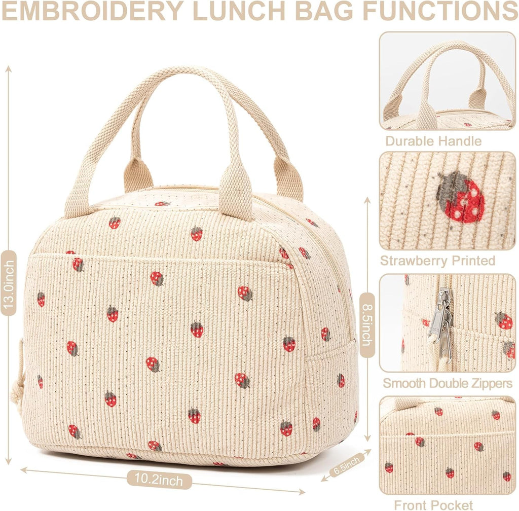 Lunch Bags for Women, Cute Stawberry Corduroy Lunch Bag, Insulated Lunch Box Boite a Lunch Femme Cooler Tote Bags, Leakproof Womens Lunch Bag for Work School Travel Picnic (Beige)