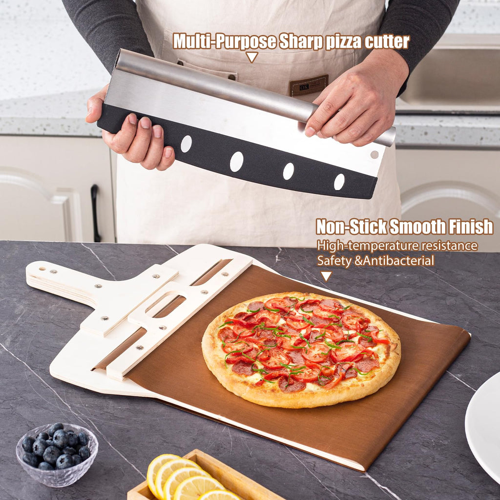 Leozzo Sliding Pizza Peel, Pizza Slider Paddle with Pizza Cutter Rocker, Non-Stick Pizza Peel Slider with Handle Detachable Transfers Pizza Pie, 12” Wood Sliding Pizza Peel with Replacement Cloth