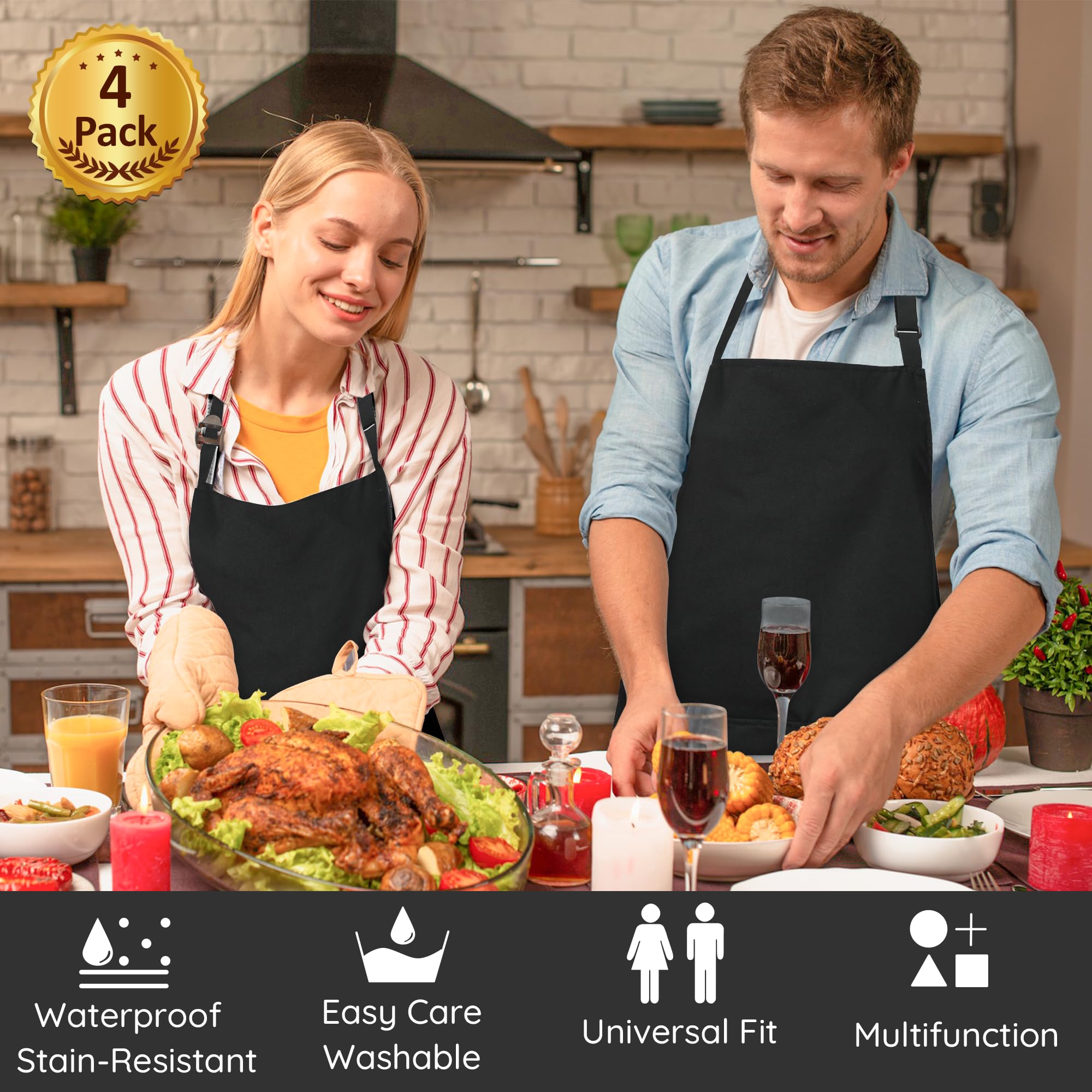 4 Packs Chef Apron, Black Waterproof Apron, Adjustable Apron with 2 Pockets for Men Women, Professional Apron for Kitchen Cooking Gardening Painting Baking Restaurant (Black)