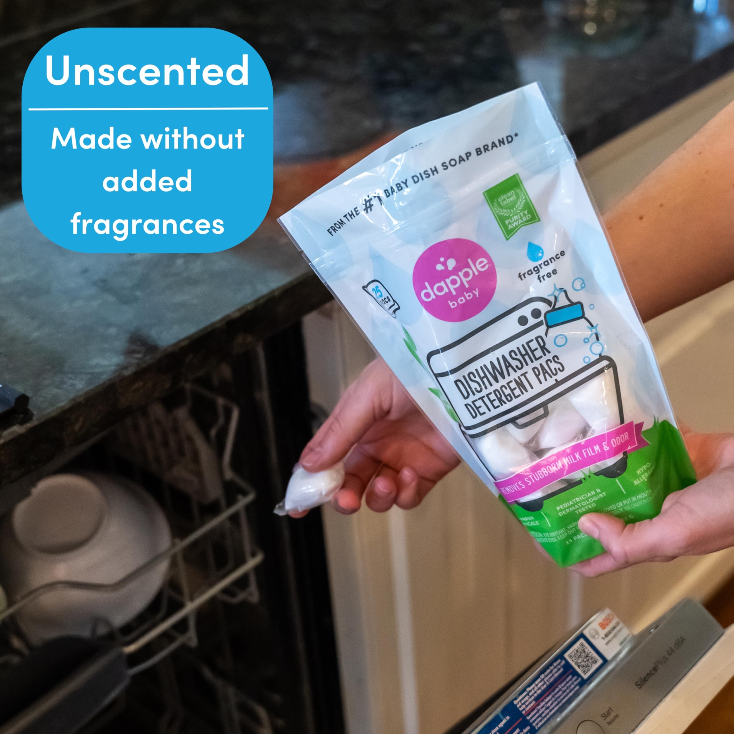 Dapple Baby Dishwasher Pods, Fragrance Free, Sulfate-Free, Hypoallergenic, Removes Milk Residue & Odor on Dishes, Baby Bottles & Kitchenware, 50 Count