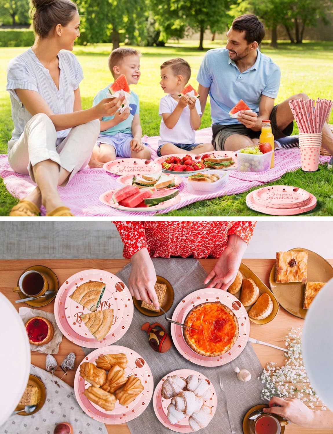 Nkaiso Party Tableware 121Pcs Pink and Rosegold Happy Birthday Theme Kids Birthday Decoration Party Accessories Set Includes Paper Plates Napkins Cups, for Party Supplies-24 Guests