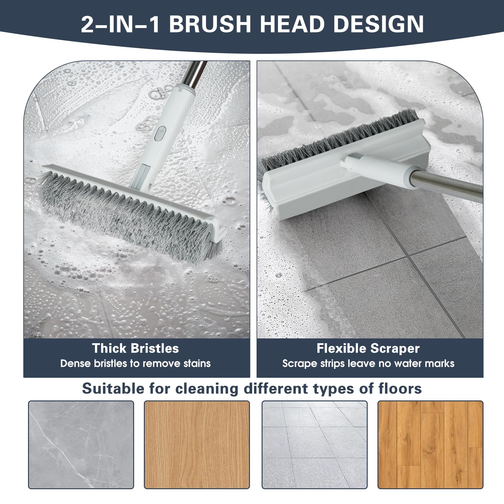 Grout Brush with Long Handle, 2 in 1 Floor Scrub Brush with Squeegee + 2 Crevice Cleaning Brushes, Tile Scrub Brush with Stiff Bristles Floor Scrubber for Cleaning Shower Corner Bathroom Tile